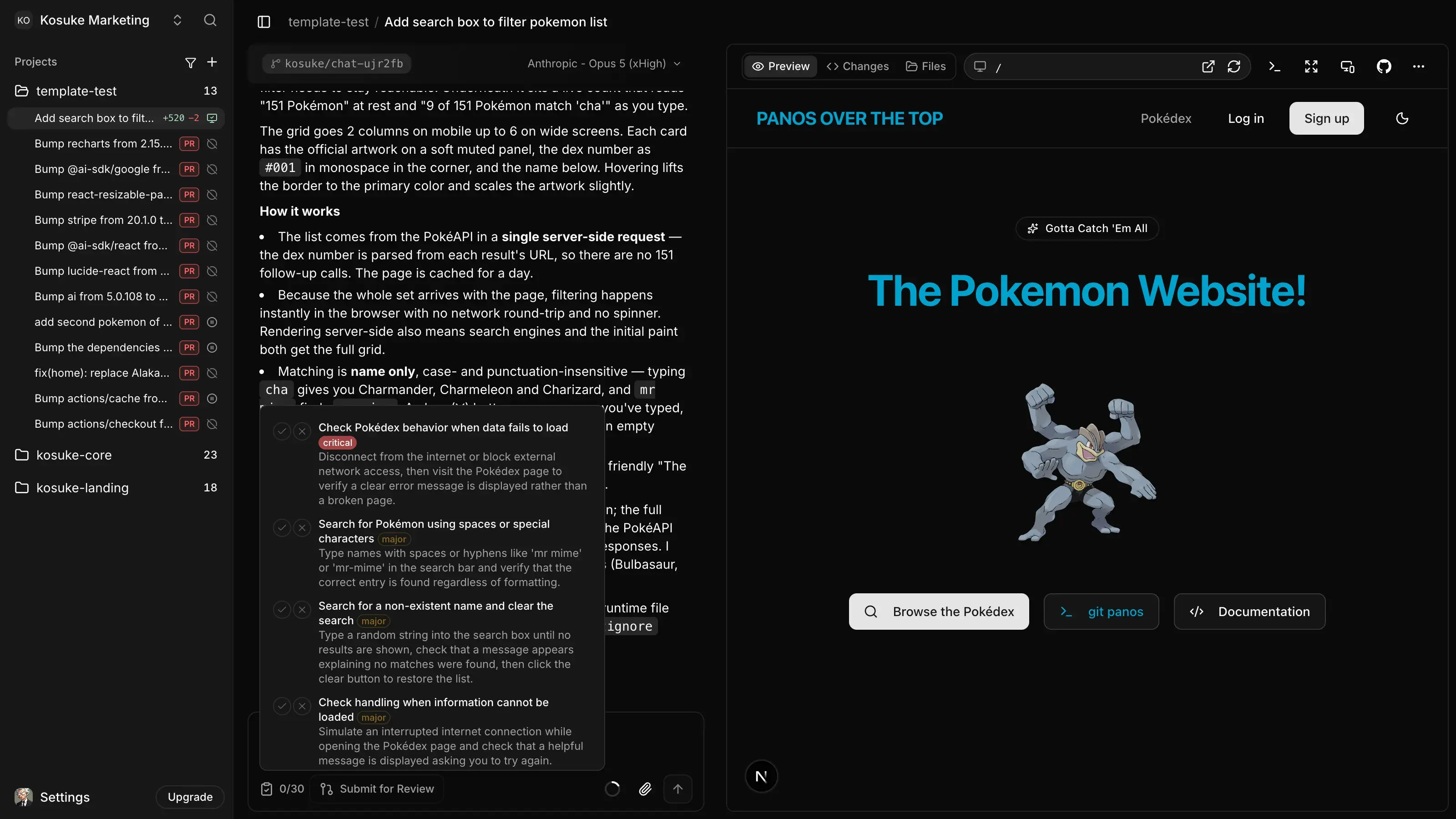 The testing checklist open above the chat input, with each case ranked critical or major