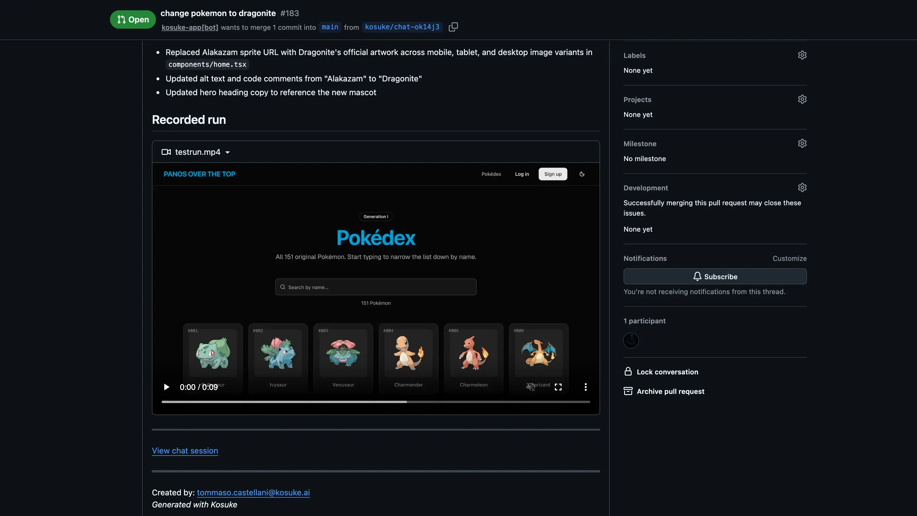 A pull request on GitHub with the recorded test run attached as a video