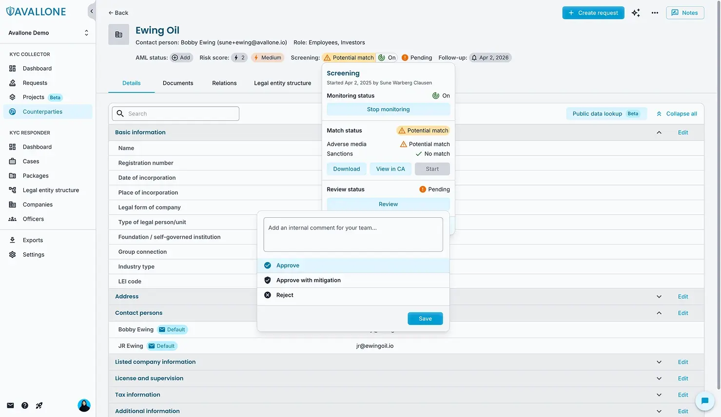 A counterparty in Avallone, with its AML status, risk score and screening state across the top, the basic information, address and contact persons sections below, and an open screening panel showing a potential adverse media match, no sanctions match, and a reviewer choosing between approve, approve with mitigation and reject.