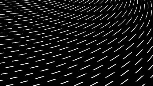 An abstract pattern of white dashes curving in rows across black.